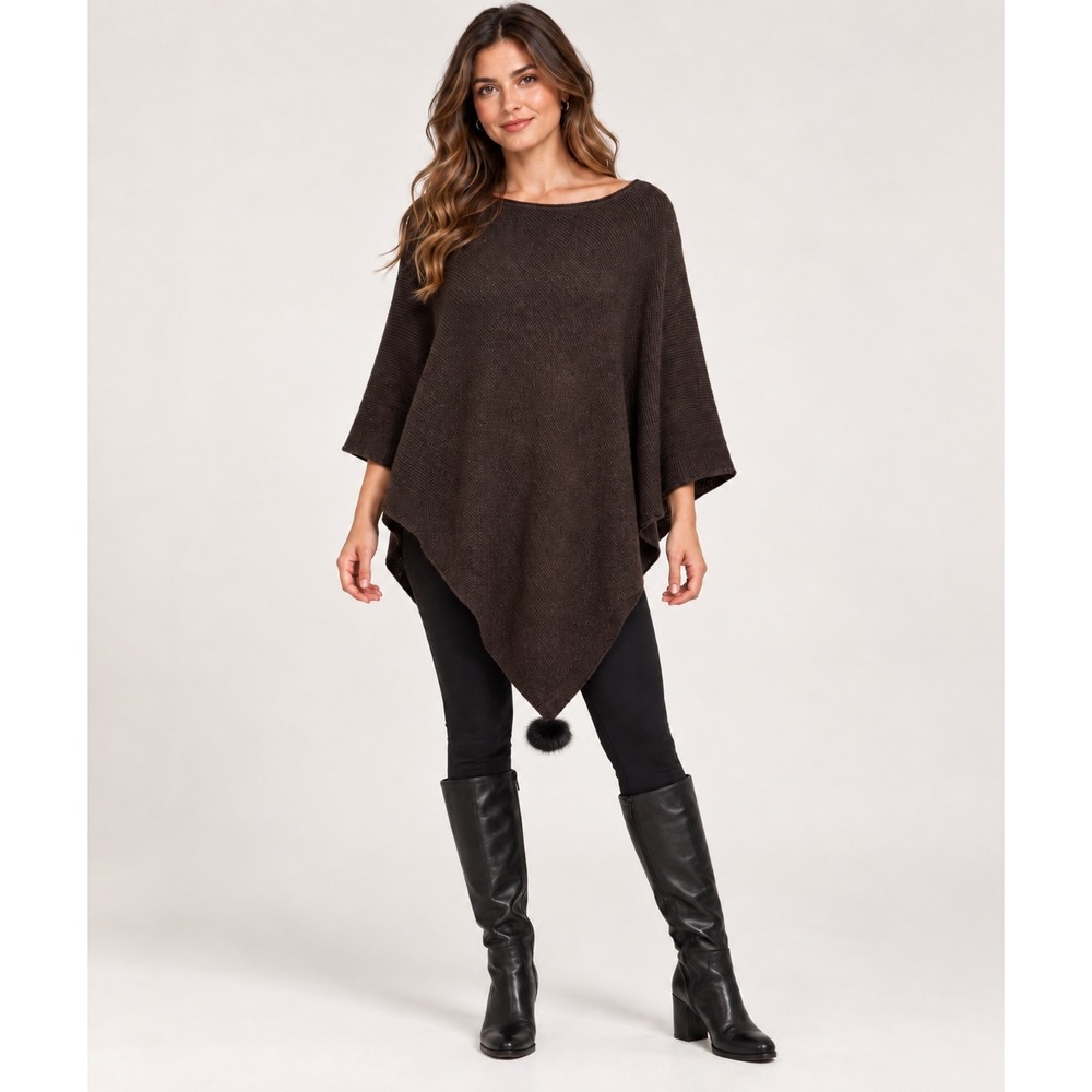 Neiman Marcus Brown Knit Poncho Asymmetrical Rabbit Fur Pom Pom Trim One Size